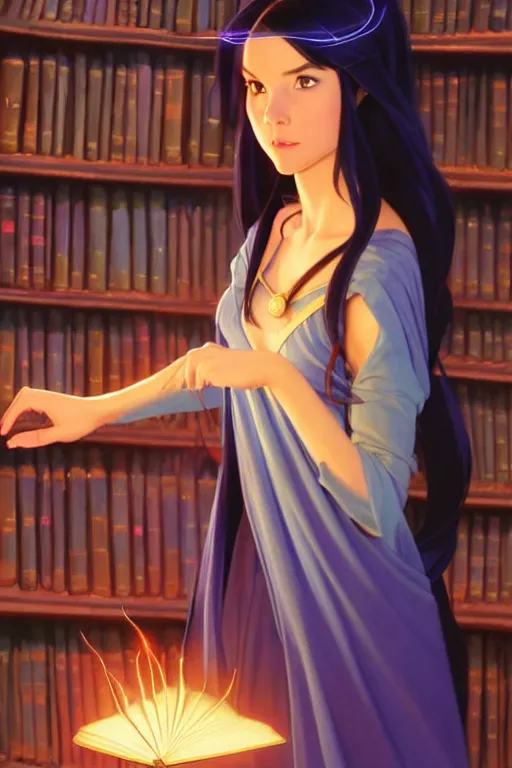 Prompt: animation still frame of an attractive female sorceress ( long dark hair ) casting a spell, high angle closeup portrait, ( ( wholesome, ) ) blurry background of the library, disney, pixar, bbloom, medium shot, waist up, dramatic lighting, in the style of studio ghibli, j. c. leyendecker, greg rutkowski, artgerm