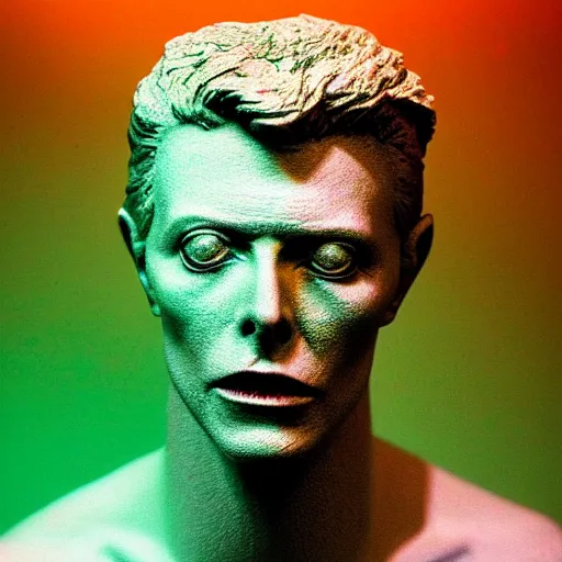 Image similar to Award-winning photograph by Mar Mann. The photo depicts a decaying roman bust of David Bowie overgrown with moss at the bottom of the sea in the middle of ruins of civilization. Minimalism, high definition, perfect composition. Deep sea picture. Very dark. Volumetric Lighting. Fish. Darkness. Ruins