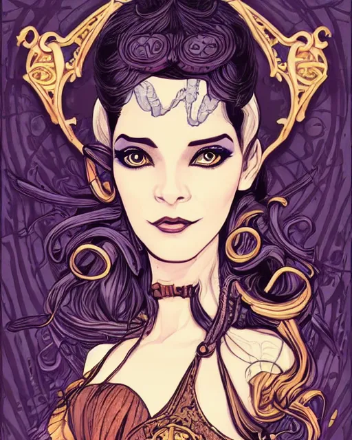 Prompt: a detailed portrait illustration of a steampunk witch - courtesan. looks like kenzie reeves. art nouveau, pop art, comic book style. influenced by neil gaiman, h. p. lovecraft, dan mumford, brian froud, vadim voitekhovitch, killian eng, ross tran.