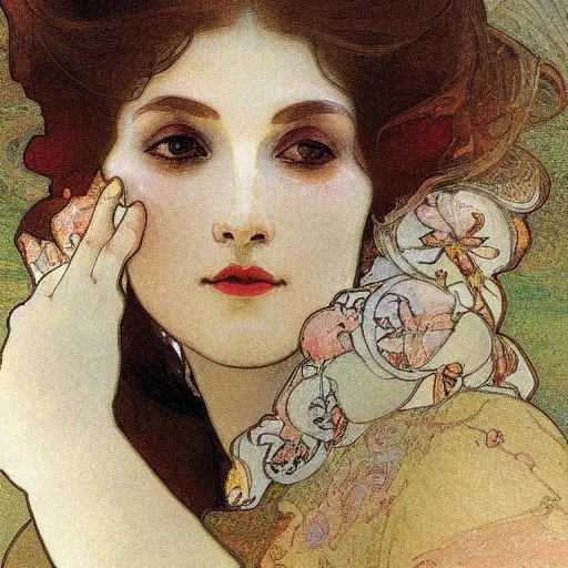 Image similar to woman's sideface, beautiful background, by alfons maria mucha, highly detailded