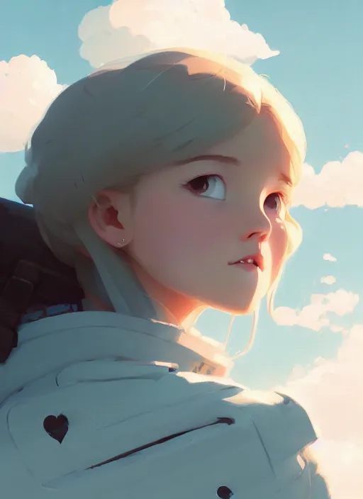 Prompt: portrait of cute maiden girl, cloud sky background, by atey ghailan, by greg rutkowski, by greg tocchini, by james gilleard, by joe gb fenton, by kaethe butcher, dynamic lighting, gradient light blue, brown, blonde cream and white color in scheme, grunge aesthetic