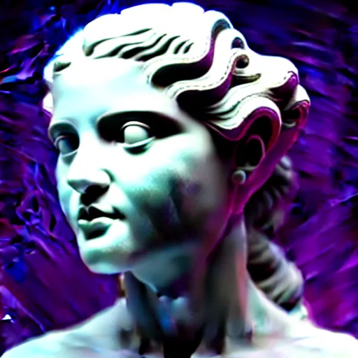 Image similar to sci - fi cgartist wide shot anaglyph ambient occlusion rendering of a hyper realistic marble greek statuary regal goddess head glowing with embedded vaporwave leds product photo high key colored lighting, trending on artstation volumetric lighting