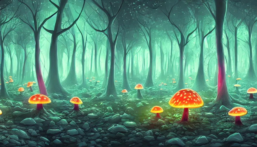 Image similar to a fluorescent giant mushrooms forest, beautiful crystal deposits glowing on the floor, in style of laurel d austin, 2 d art, concept art, fantasy, high detail, trending on artstation