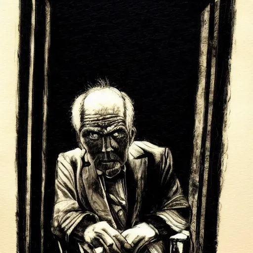 Prompt: angry old man in chair inside a dark house, painting by tim bradstreet