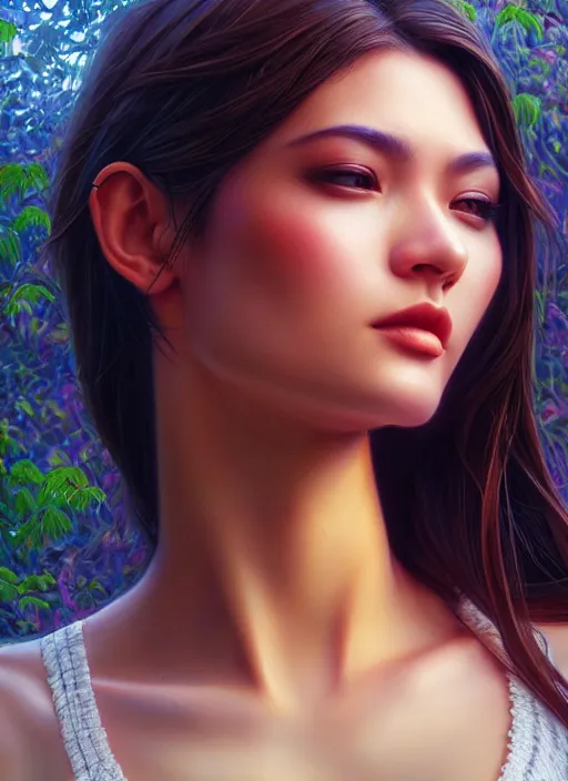 Image similar to photo of a gorgeous female in the style of stefan kostic, realistic, half body shot, sharp focus, 8 k high definition, insanely detailed, intricate, elegant, art by stanley lau and artgerm, extreme bokeh foliage