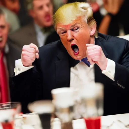 Prompt: Donald Trump screaming, angry, and refusing to eat his dinner, 4k, high quality photograph