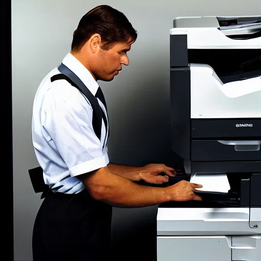 Prompt: HD photo of a man making a copy at the copy machine. He stares straight ahead, his eyes lifeless and glassy in an expressionless face. Copies pour out of the printer. Behind him, an indistinct, shadowy figure looms silently.