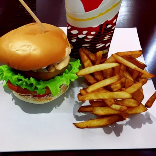 Image similar to pebbles burger, soda, fries