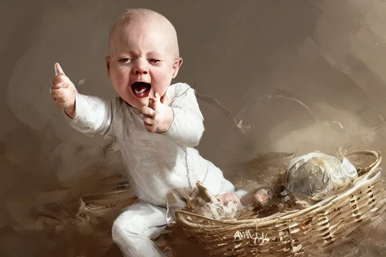 Prompt: epic concept art of a white baby squealing in a basket. by ashley wood and j. m. w. turner, speed painting, photo bash, cinematic angle, super detailing,