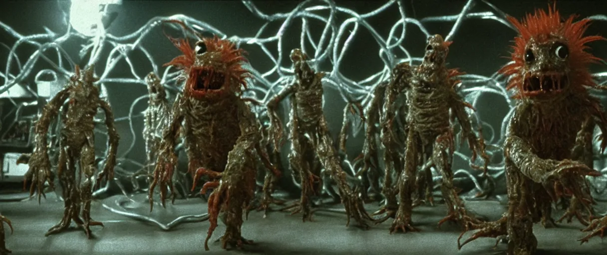 Image similar to filmic extreme wide shot dutch angle movie still 4k UHD interior 35mm film color photograph of a dozen soldiers mangled and stabbed by a dangerous horrifying shape-shifting abstract looking organism from The Thing 1982, in the style of a 1980s horror film