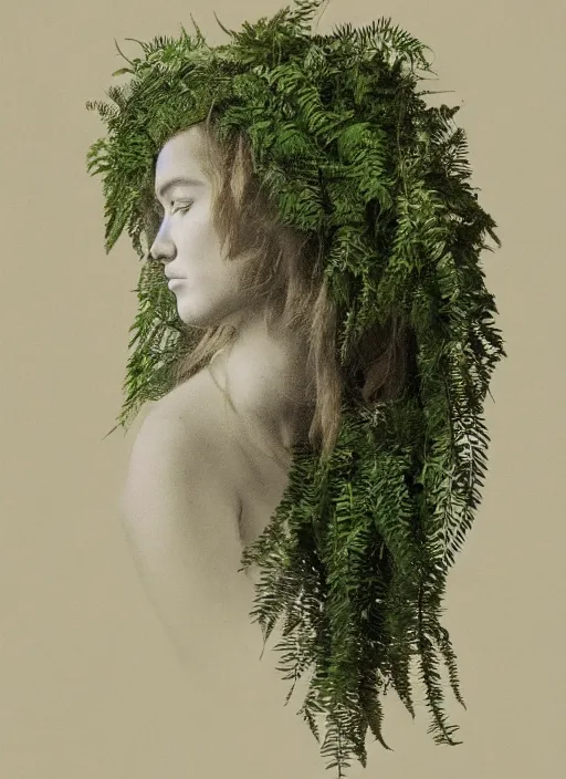 Image similar to a woman's face in profile, long hair made of ferns, in the style of the Dutch masters and Gregory Crewdson, dark and moody