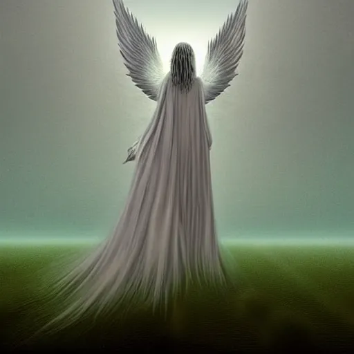 Image similar to a white angel with feathered wings open, digital art in the style of zdzislaw beksinski 4 k w 7 6 8