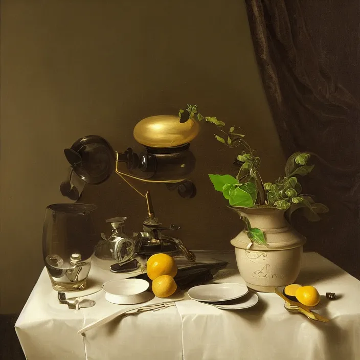 Prompt: still life painting of a personal computer and greenery by pieter claesz, oil on canvas, strong lighting, highly detailed, hyper realism, golden hour, god rays, hd, 4 k