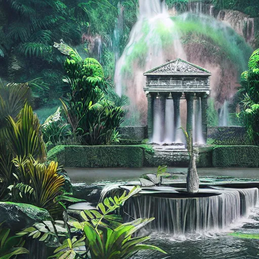 Image similar to a old Marble palace with plants and waterfalls,retrowave art,digital art