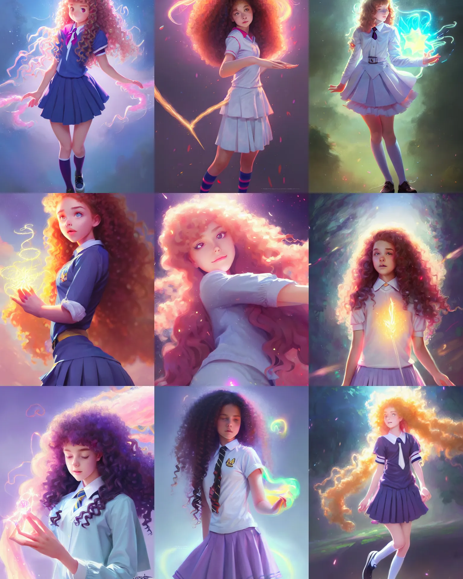 Prompt: innocent young teen girl, magical school student uniform, curly hair, casting a bright large-scale magical spell around herself, overflowing energy, highly detailed, digital painting, trending on artstation, pixiv, concept art, sharp focus, illustration, art by Ross Tran and Greg Rutkowski and Walt Disney animation