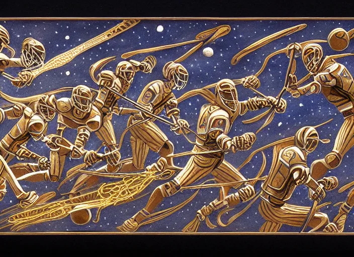 Image similar to lacrosse team playing chitauri, intergalactic championship, in space, highly detailed, 8k, intricate, engraving