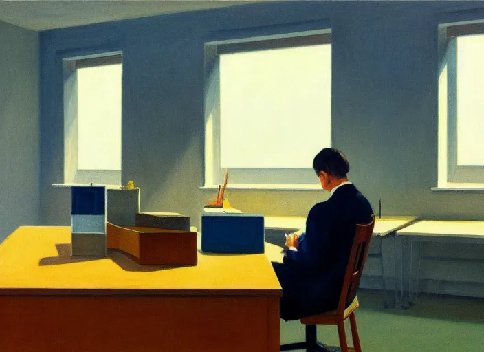 Image similar to painting of a lonely man sitting at his desk in an empty, huge office, in the style of edward hopper, very detailed face