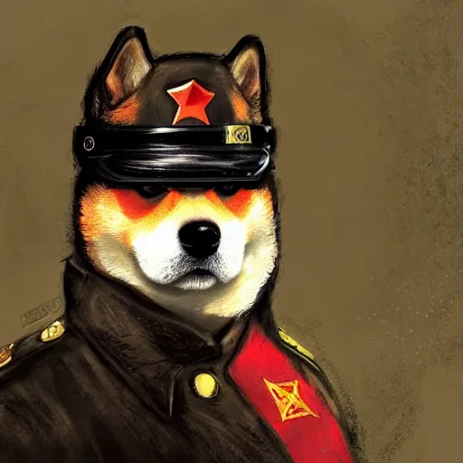 Image similar to portrait of a communist shiba inu dog as a political commissar, tragic, elegant, fantasy, hd shot, digital portrait, beautiful, artstation, comic style, by artgerm, guy denning, jakub rozalski, magali villeneuve and charlie bowater