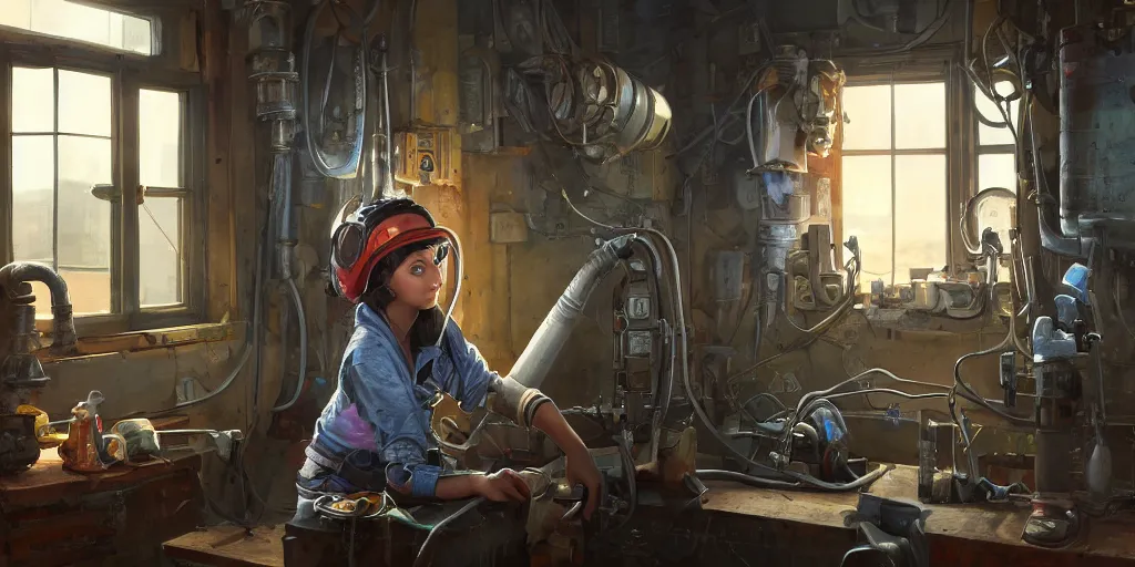 Image similar to highly detailed portrait painting of welder girl, room mono window, by eddie mendoza and tyler edlin, 8 k resolution