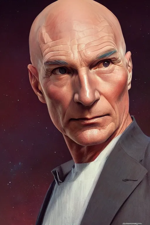 Prompt: portrait photograph of captain picard full body, sleek outfit, upper body, fantasy, handsome, depth of field, soft focus, highly detailed, intricate, realistic, national geographic cover, soft glow, textured, artstation, concept art, sharp focus, illustration, art by artgerm and greg rutkowski and alphonse mucha