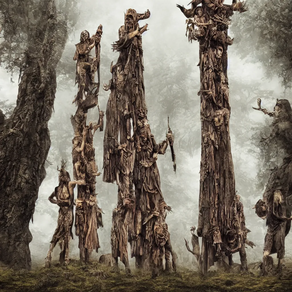 Prompt: evil druids performing a ritual around a wooden totem of man, on a hill, a detailed matte painting, fantasy, foggy