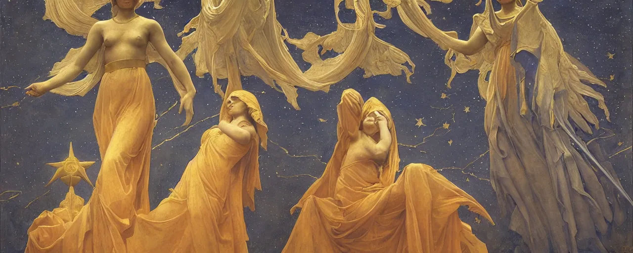 Prompt: saint woman, halo, venus, athena, queen, by annie swynnerton and nicholas roerich and jean delville, strong dramatic cinematic lighting, ornate headdress, flowing robes, spines, flowers, stars, lost civilizations, smooth, sharp focus, extremely detailed, ashford black marble, obsidian, gold, space