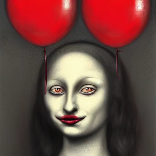 Prompt: surrealism grunge cartoon portrait sketch of raven with a wide smile and a red balloon by - michael karcz, loony toons style, mona lisa style, horror theme, detailed, elegant, intricate