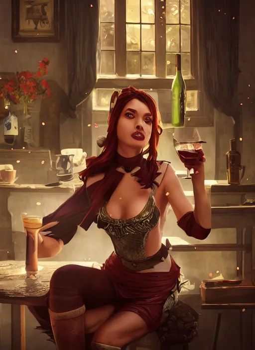 Image similar to An epic fantasy comic book style portrait painting of a cat drinks wine in cafe background, unreal 5, DAZ, hyperrealistic, octane render, cosplay, RPG portrait, dynamic lighting