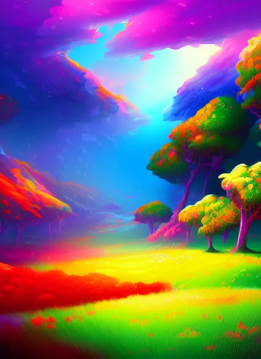 Prompt: painting of a colorful landscape, in a fantasy world, digital painting, hd, illustration, art by tokenin, trending
