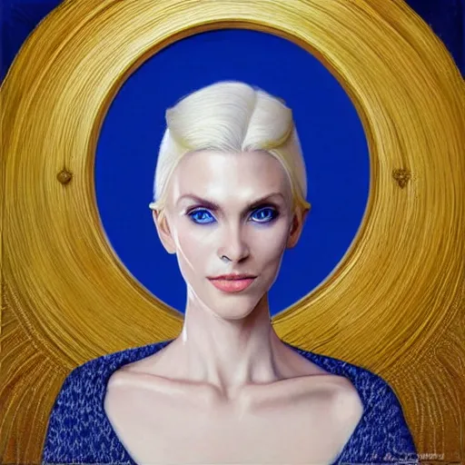 Prompt: Portrait of a tall, blonde, blue-eyed elf woman, with pale white hair, wearing stylish white and gold robes, warm and gentle smile, intricate, elegant, highly detailed, digital painting, smooth, sharp focus, bust view, visible face, artstation, graphic novel, art by stanley artgerm and greg rutkowski and peter mohrbacher,