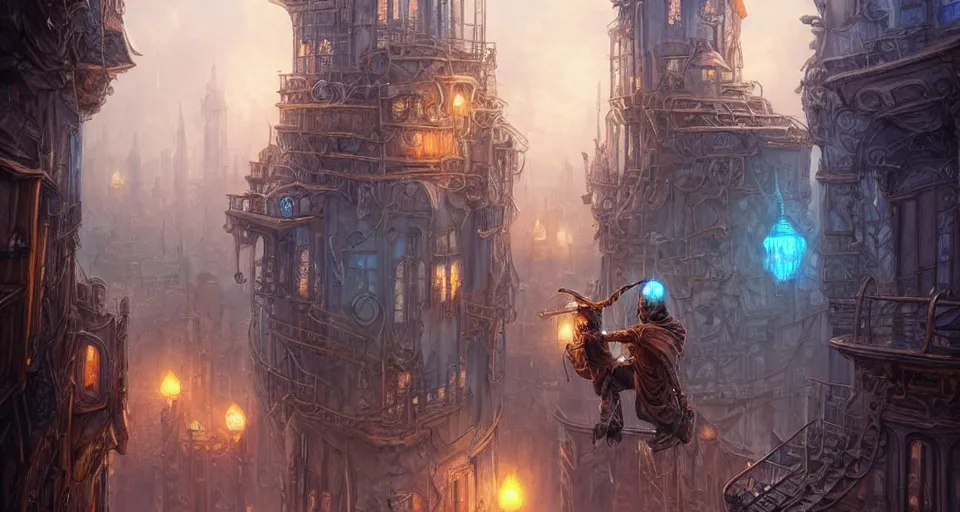 Image similar to landscape painting of fantasy metal steampunk city that has a light blue glow with walkways and lit windows and a fine detailed hooded thief in browns leathers climbing one of the tall buildings using a rope, fine details, magali villeneuve, artgerm, rutkowski