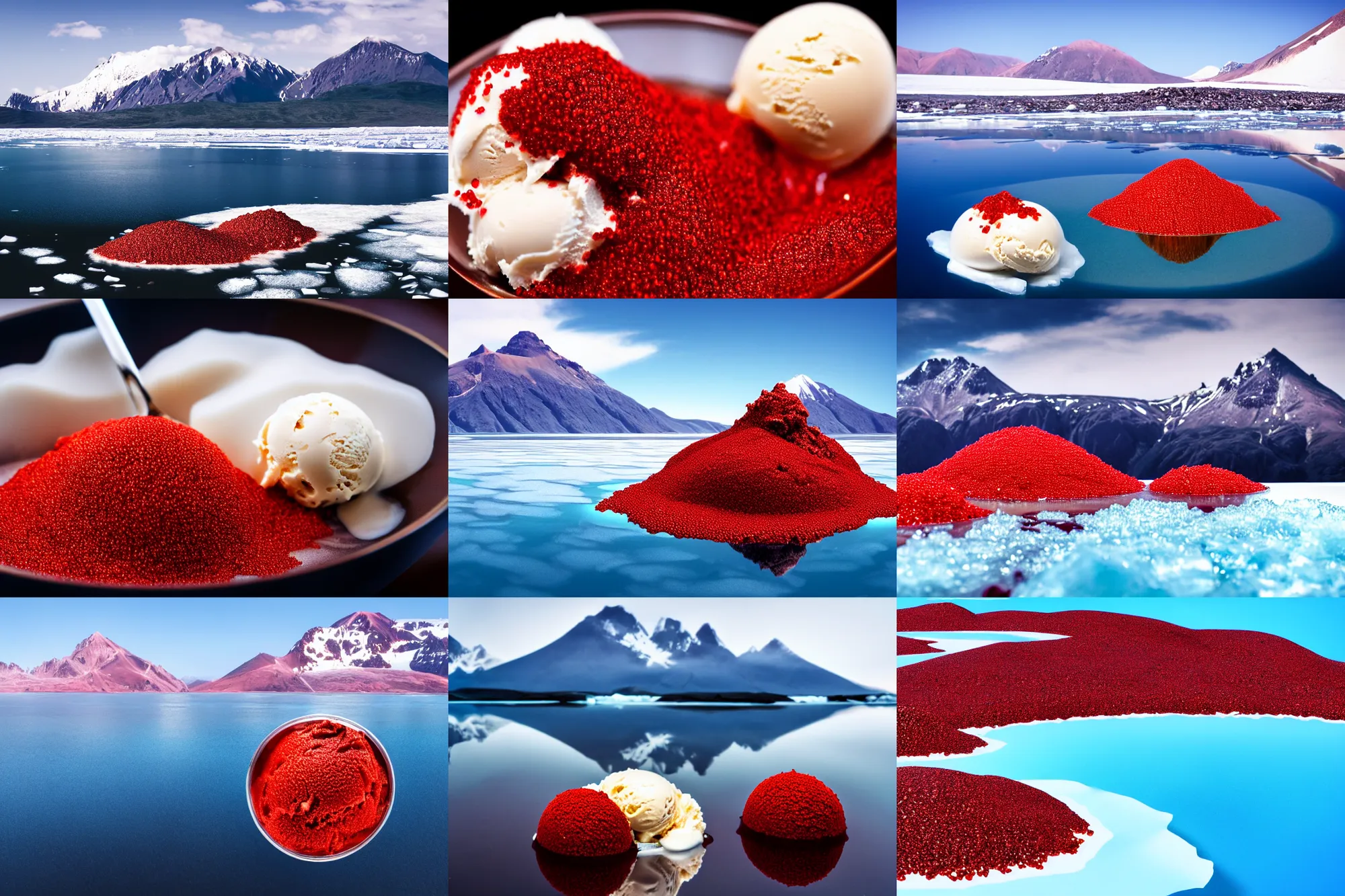 Image similar to a large island of red caviar and ice cream and brown water in the center of which there are mountains with ice cream