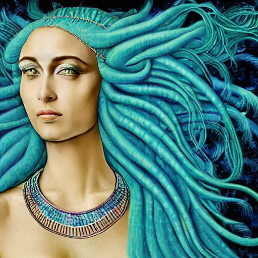 Image similar to sandro botticelli portrait of egyptian sumerian goddess princess intergalactica, nautical siren, queen of heaven, techno mystic goddess, with aqua neon dreadlocks, teal eyebrows encrusted with diamonds, wearing iris van herpen haute couture, star - gate of futurisma,