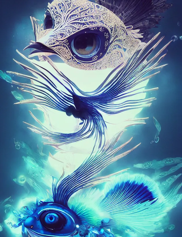 Image similar to 3 d eye of god. beautiful intricately detailed japanese crow kitsune mask and clasical japanese kimono. betta fish, jellyfish phoenix, bio luminescent, plasma, ice, water, wind, creature, artwork by tooth wu and wlop and beeple and greg rutkowski