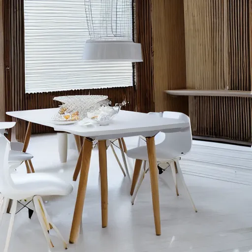 Prompt: a modern fashionable white wooden table design