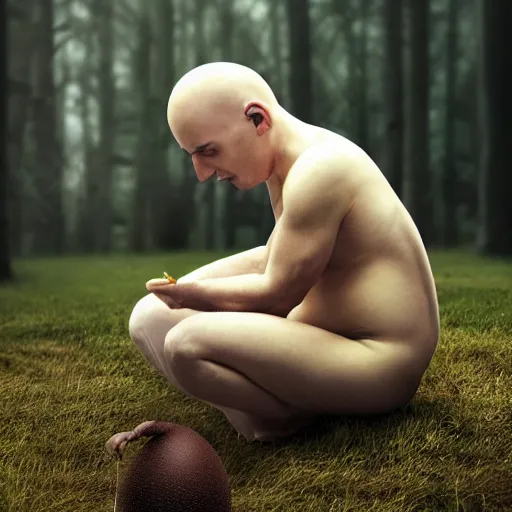 Prompt: the egg troll eating the last egg while looking sad, realistic photo,