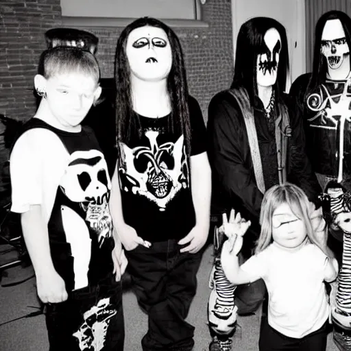 Image similar to black metal band playing at a children's birthday party, goths, punkrockers