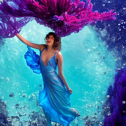 Image similar to woman dancing underwater wearing a flowing dress made of blue, magenta, and yellow seaweed, delicate coral sea bottom, swirling silver fish, swirling smoke shapes, octane render, caustics lighting from above, cinematic, hyperdetailed