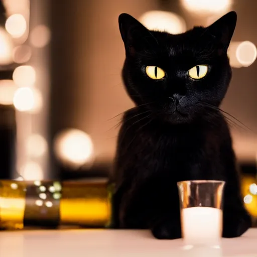 Image similar to a photo of a black cat drinking expensive champagne in a fancy dark bar, mood lighting, candles, f 1. 8, iso 1 6 0 0