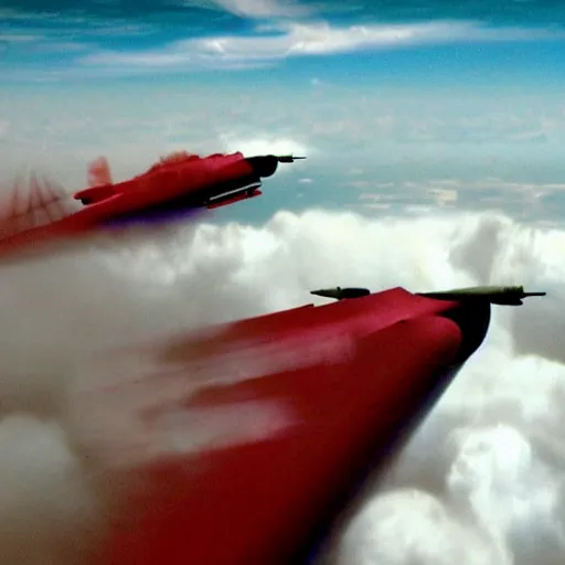 Image similar to cinematic areal shot magnetic field blowing fighter jets in the clouds