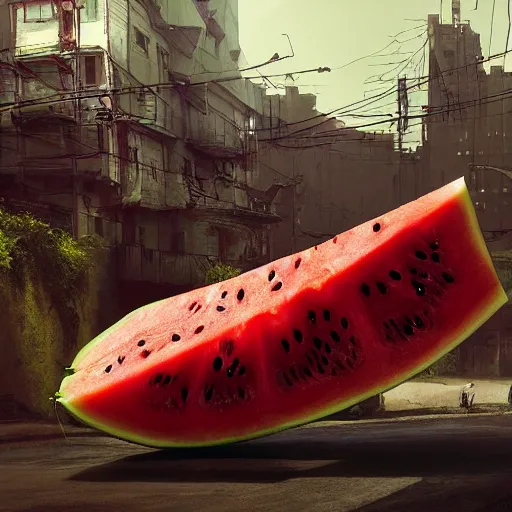 Image similar to Concept Digital Art Highly detailed Giant Watermelon war machine protecting Ukrainian village designed by Taras Shevchenko from intruders. By Stephen Hickman and Beeple. Very highly detailed 8K,Pentax 67, Kodak Portra 400 in style of Hiromasa Ogura Ghost in the Shell, the golden ratio, rational painting