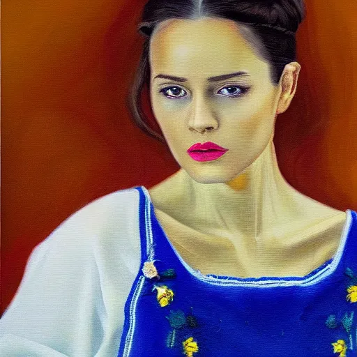 Image similar to hyperrealism oil painting, portrait of fashion model in traditional ukrainian vyshyvanka