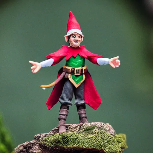 Prompt: dnd miniature of an elf standing on a grassy plinth with a model tree in the background, depth of field, dslr, 8k, hand painted