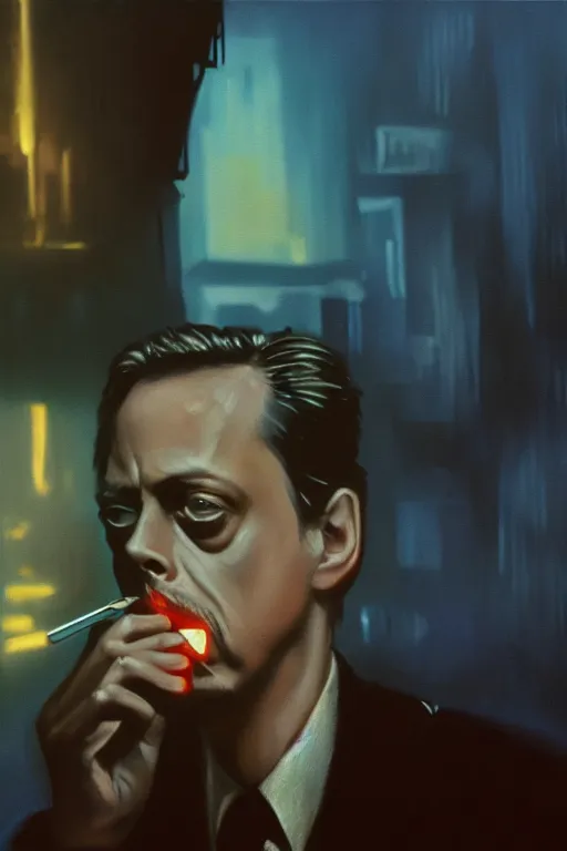 Image similar to oil painting of film still of steve buscemi smoking a cigarette in blade runner, 4 k