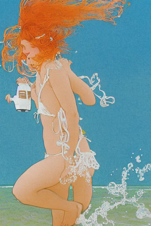 Image similar to A girl in a white lacy bikini and white sun hat and Holding a heart-shaped lifebuoy, jumping for joy,long orange hair floating on air ,Waves and splashes,beach ,Smooth visual lines,graphic Design by mucha
