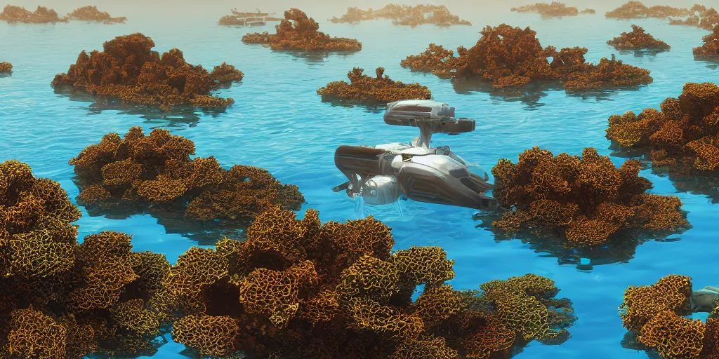 Image similar to clusters of housecrafts floating on a beautiful ocean, aquaculture seaweed farms, view from a boat, fusion of subnautica and star trek, by noriyoshi ohrai, beautifully detailed 4 k octane render, 4 k post processing