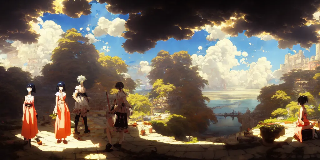 Image similar to baroque oil painting of key visual environment concept art, anime maids during the fall of the roman empire, brutalist fantasy, rule of thirds golden ratio, fake detail, trending pixiv fanbox, acrylic palette knife, style of makoto shinkai ghibli takashi takeuchi yoshiyuki sadamoto jamie wyeth james gilleard greg rutkowski chiho aoshima