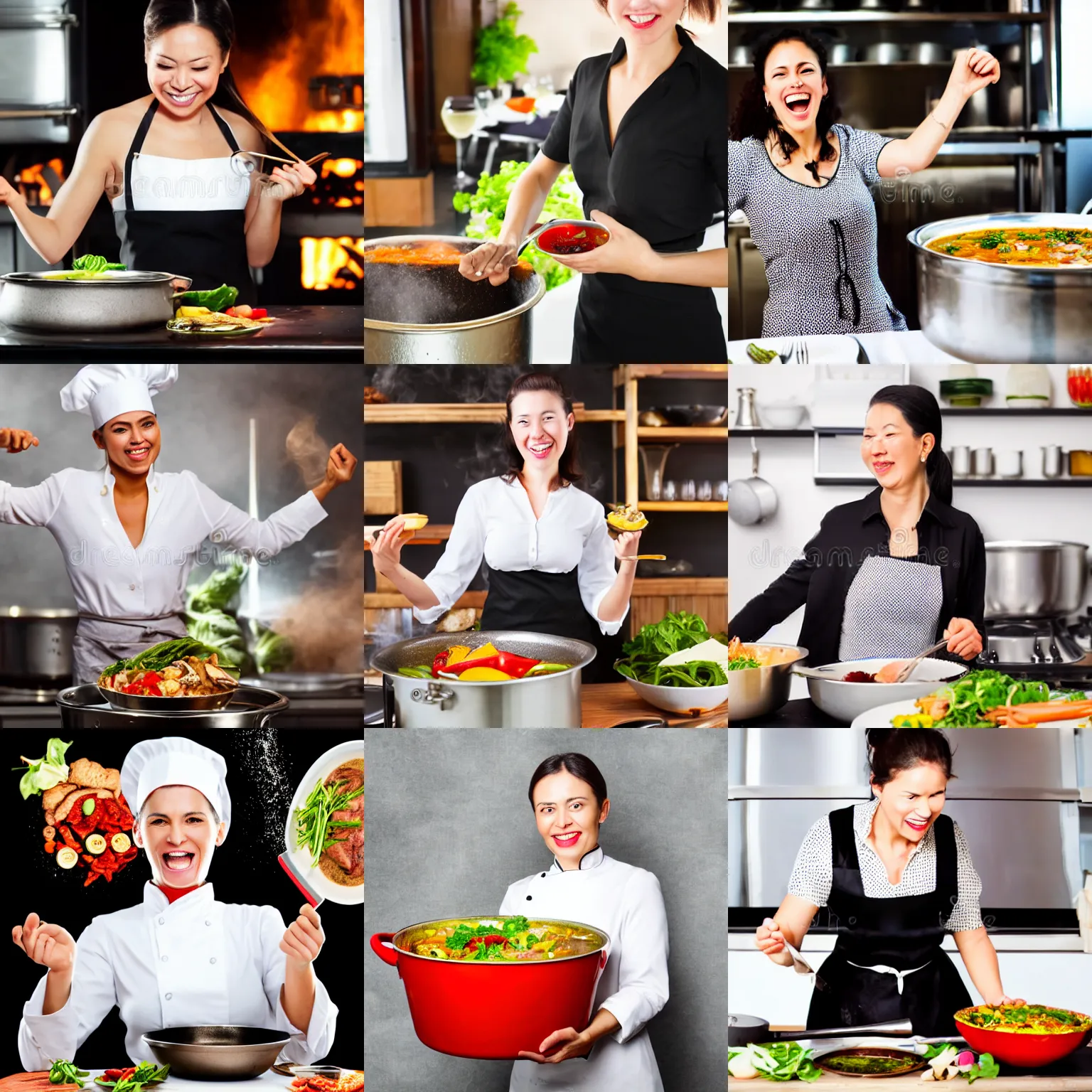 Prompt: Photo stock of a woman put by a maitre d in a large cooking pot and delighted to be cooked for a chic restaurant