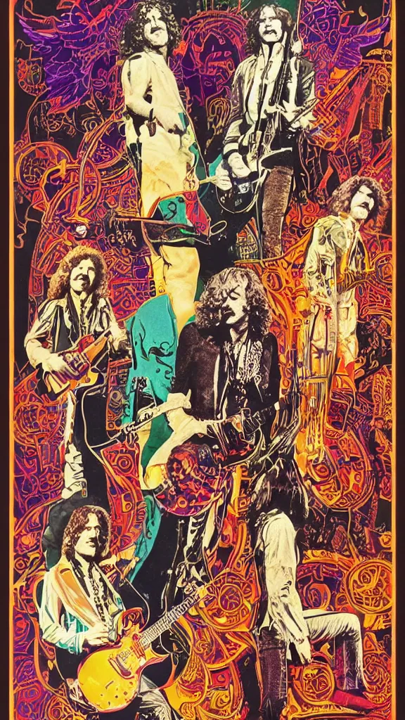 Prompt: Led Zeppelin concert poster circa 1969, Madison Square Garden, colorized, Robert plant, Jimmy Page, guitars, drum kit, art nouveau style, highly detailed