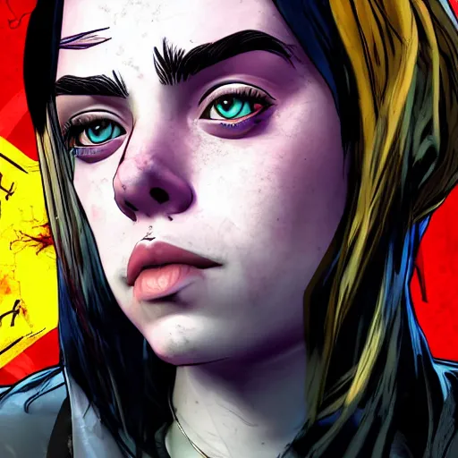 Image similar to billie eilish portrait, borderlands, tales from the borderlands, the wolf among us, comic, cinematic lighting, studio quality, 8 k